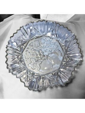 Vintage Clear Glass Fruit Molded Ruffled Bowl 11 Inch